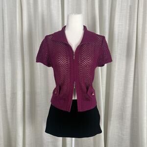 Cardigan Sweater Womens Small Purple Short Sleeve Zip Front Open Knit Pockets